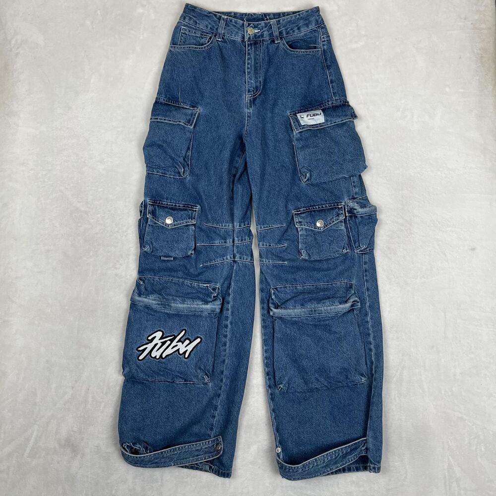 FUBU Forever Cargo Jeans Womens 24x32 Blue Wide Leg Denim Medium Wash Hip Hop